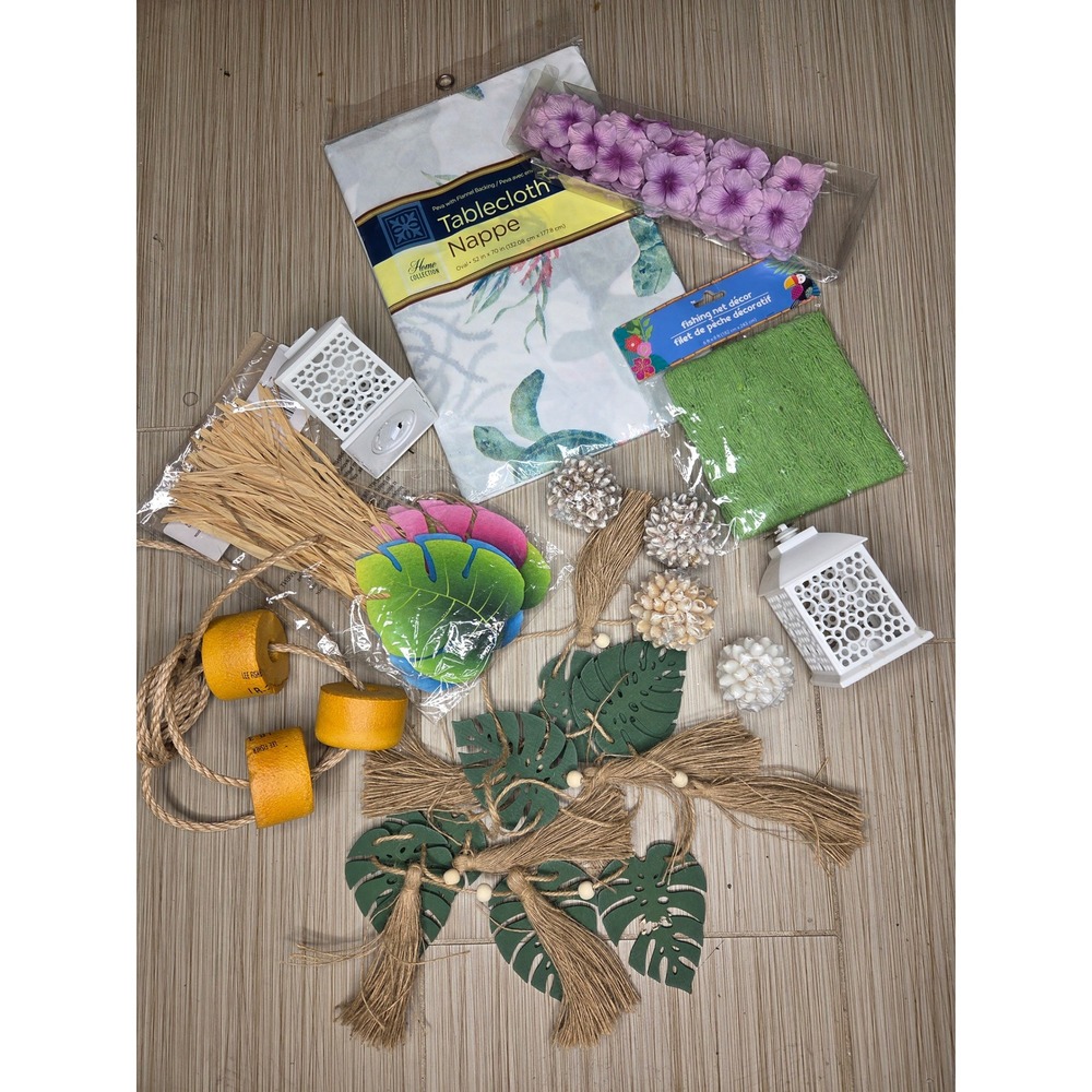 Tropical Luau Party Decor Bundle Tablecloth Fishing Net Lanterns Monstera Leaf
